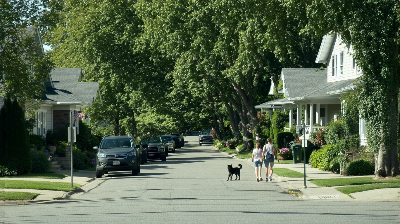 A couple walking their dog on a sidewalk in a sunny Oceanside neighborhood with modest homes and mature trees.