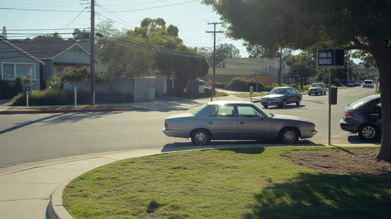 A residential street corner in San Marcos, California with an older car parked and power lines overhead.
