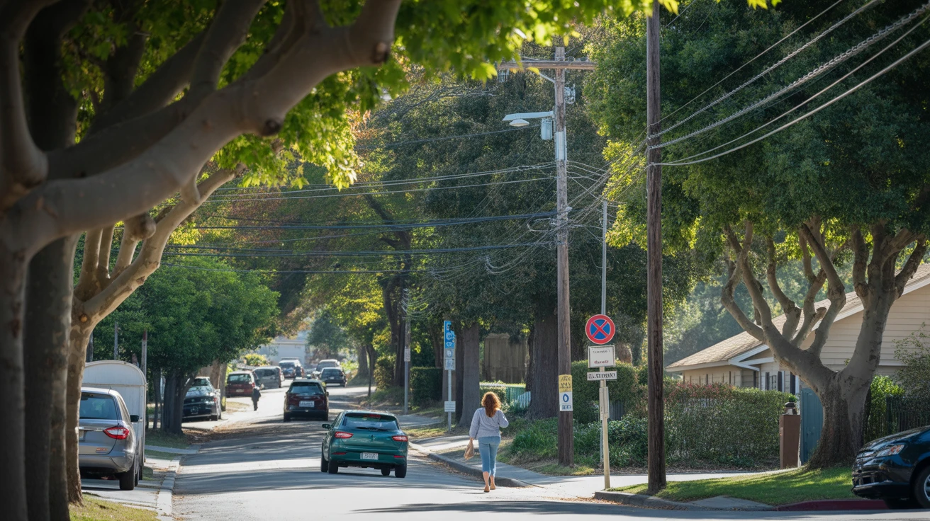 Tree-lined residential street in Escondido, California with sunlight filtering through branches and utility lines above.