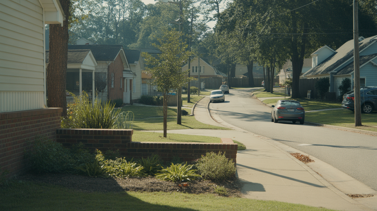 A quiet cul-de-sac in Garner, NC with brick homes, parked cars, and landscaped yards on a sunny morning.