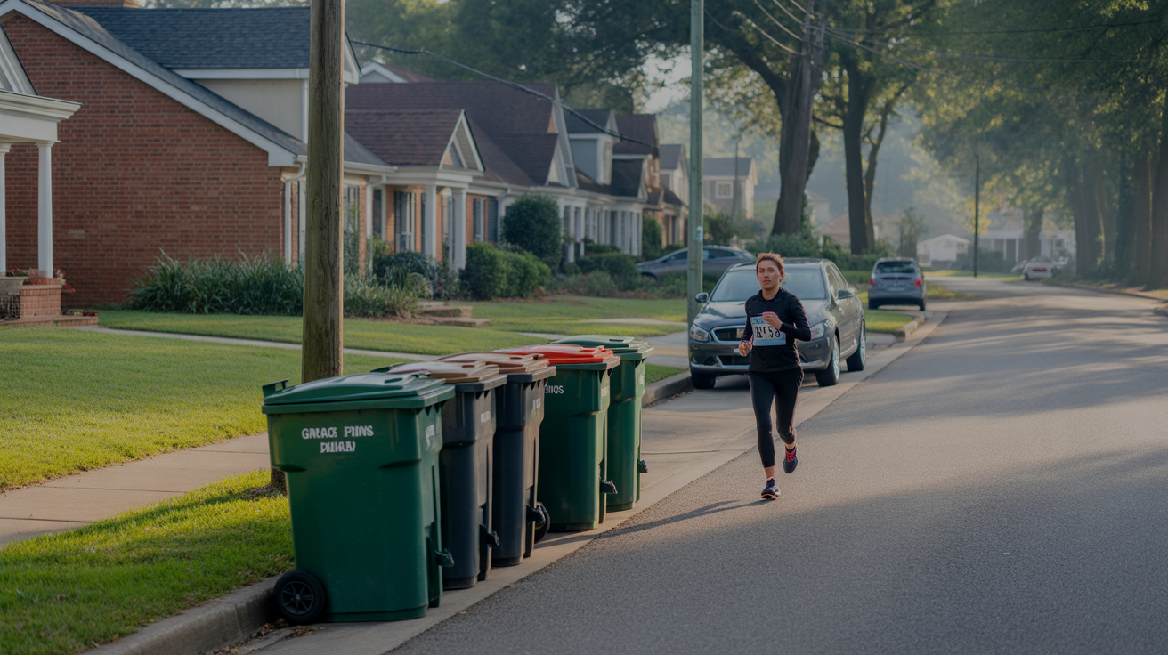A quiet morning street in Holly Springs with brick homes, garbage bins lined up on the curb, and a jogger passing by.