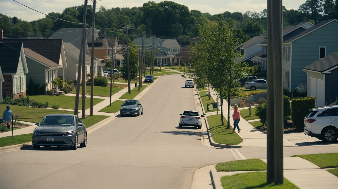 A sunny suburban neighborhood street in Gallatin, TN lined with well-kept homes, cars, and a few residents walking or tending to their yards.