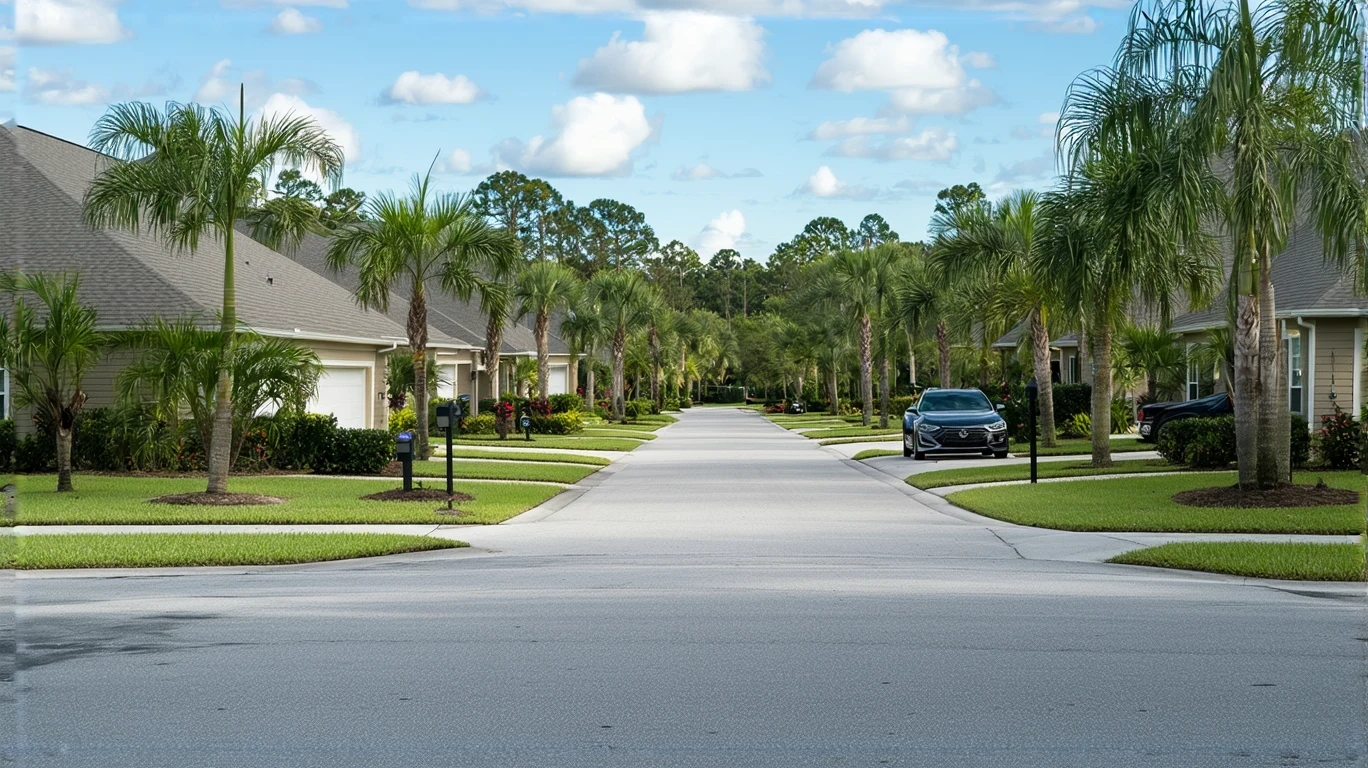 Modest stucco homes with tidy lawns on a quiet street in Ocoee, Florida on a clear day