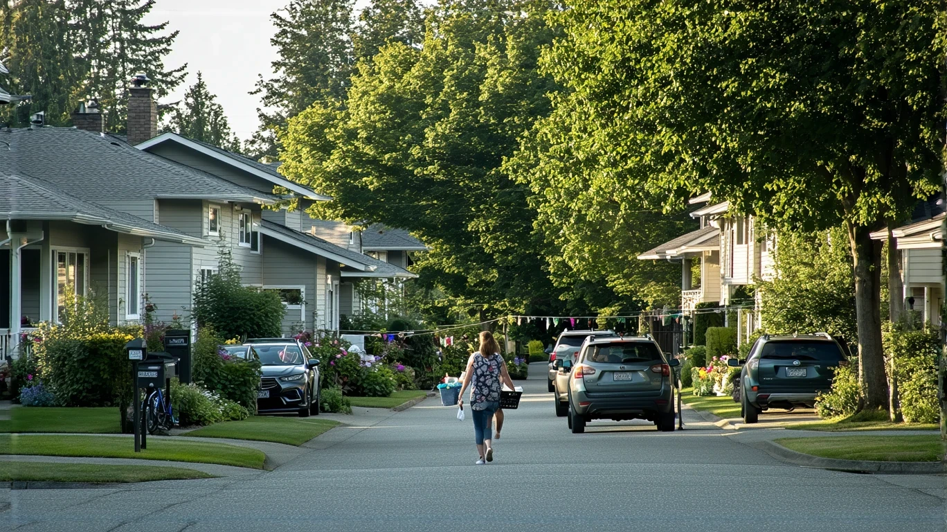 A woman hangs laundry outside her craftsman-style home on a residential street in Federal Way, Washington.