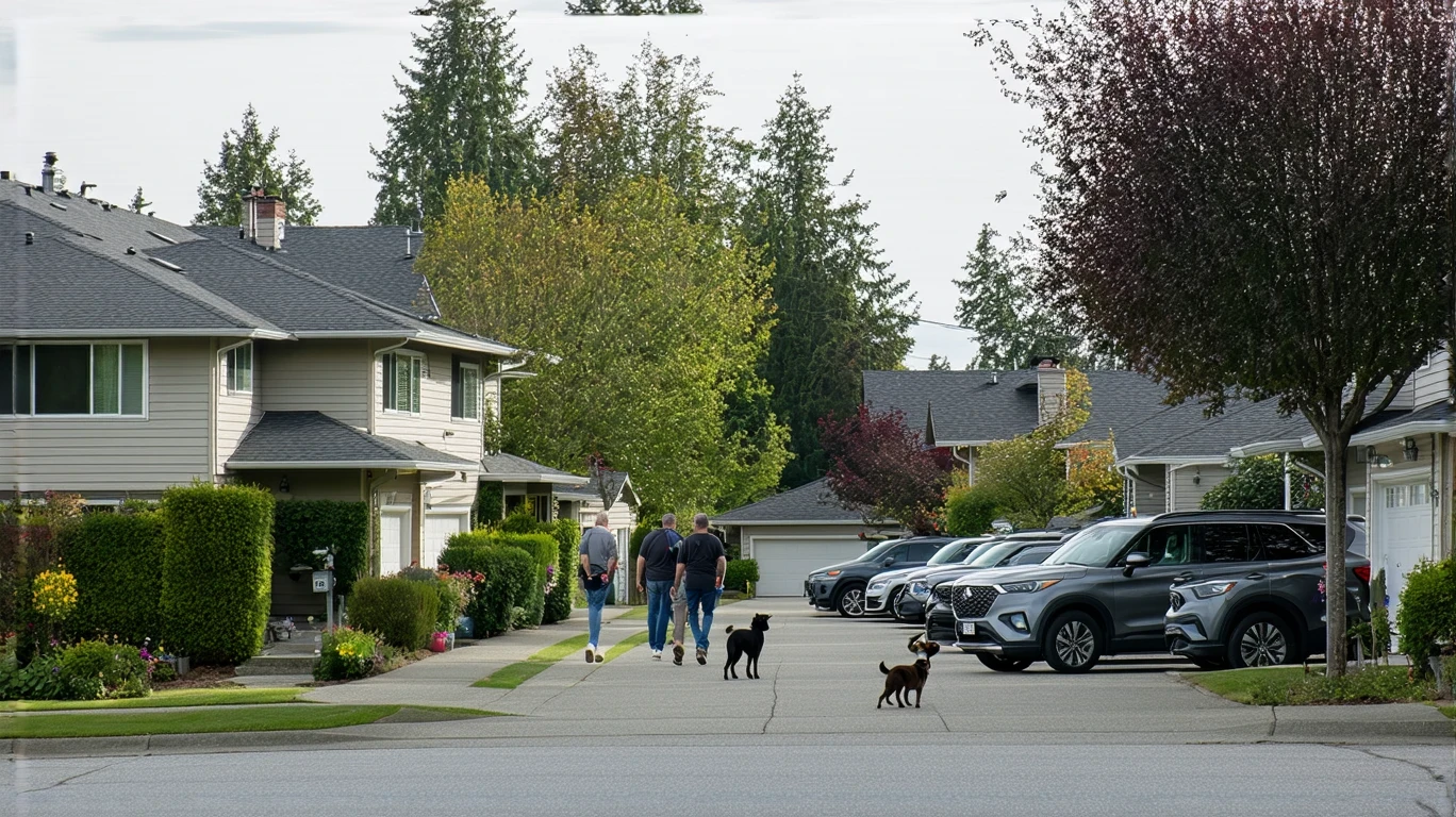 Residential street in Kent, WA with craftsman homes, a couple walking their dog, and an SUV parked in a driveway.