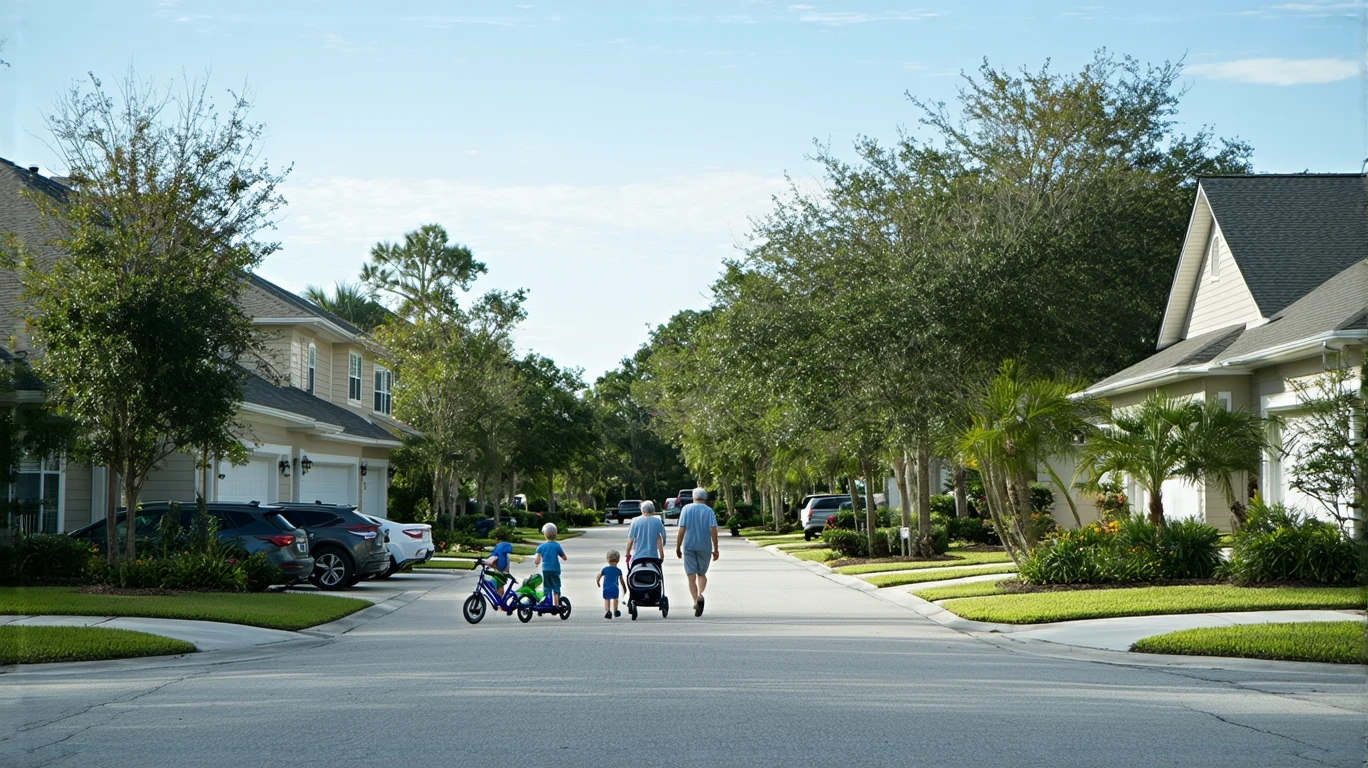A sunny suburban street in St Cloud, Florida with modest homes, residents walking and gardening.