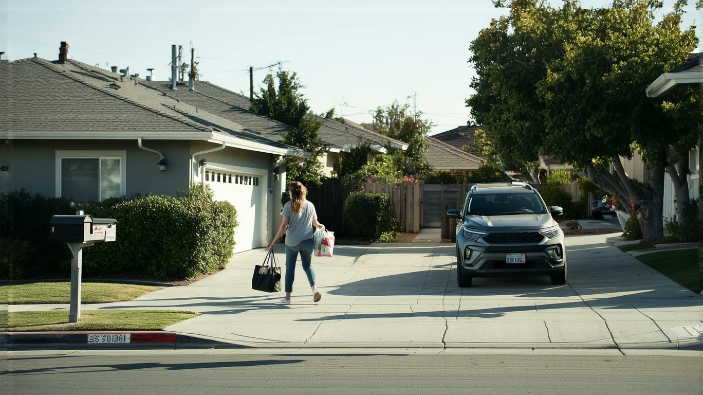 Woman carrying groceries walking on a sidewalk past homes and a parked car in a suburban Oceanside neighborhood.