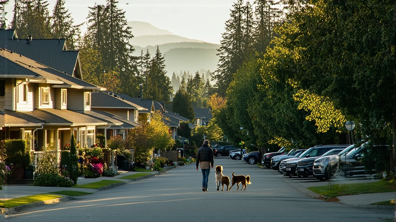 A suburban street in Sammamish, WA lined with craftsman homes and evergreen trees