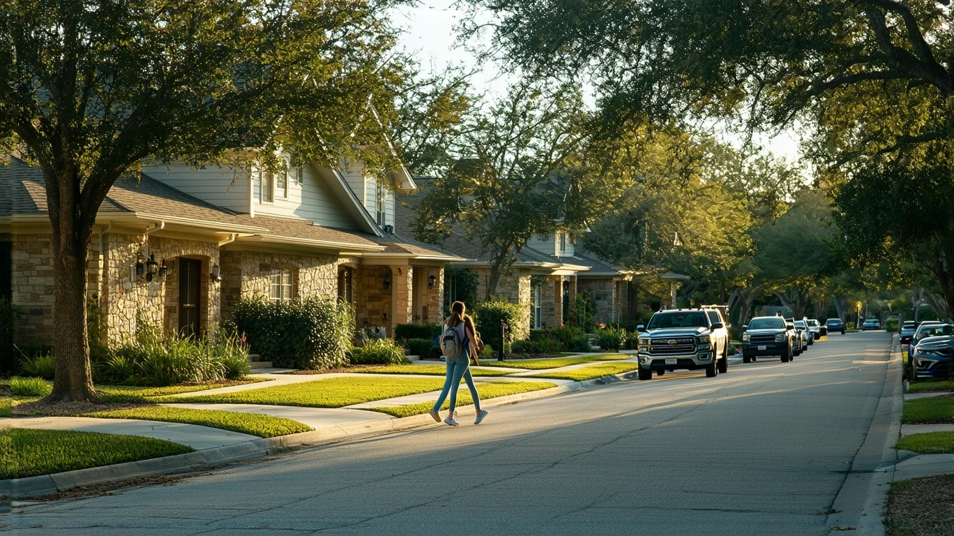 A sunny suburban street in Georgetown, Texas with modest homes and a student walking on the sidewalk.