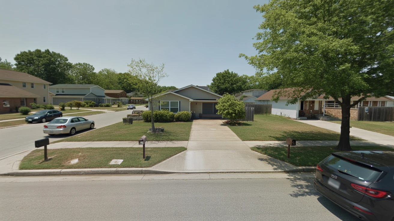 Exterior view of a middle-class suburban home in La Vergne, Tennessee with cars parked in driveway and along street.