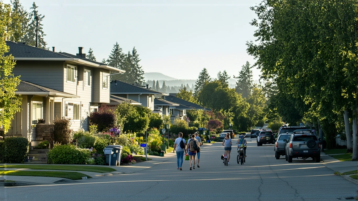 A couple walking with groceries on a residential street in Everett, Washington
