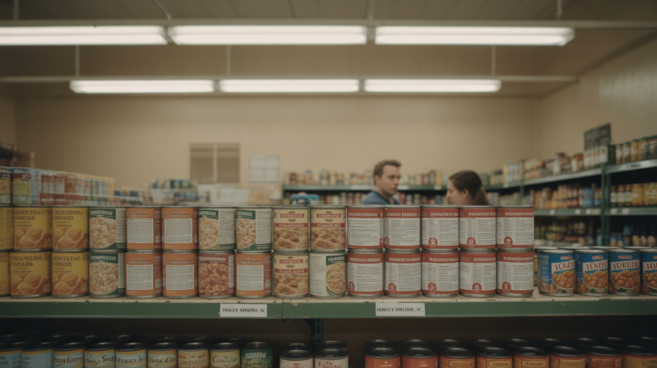A shelf of neatly arranged store-brand canned goods in a small grocery store.