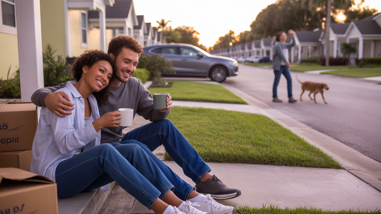 Young couple sitting on townhome steps in Plant City, FL at sunset