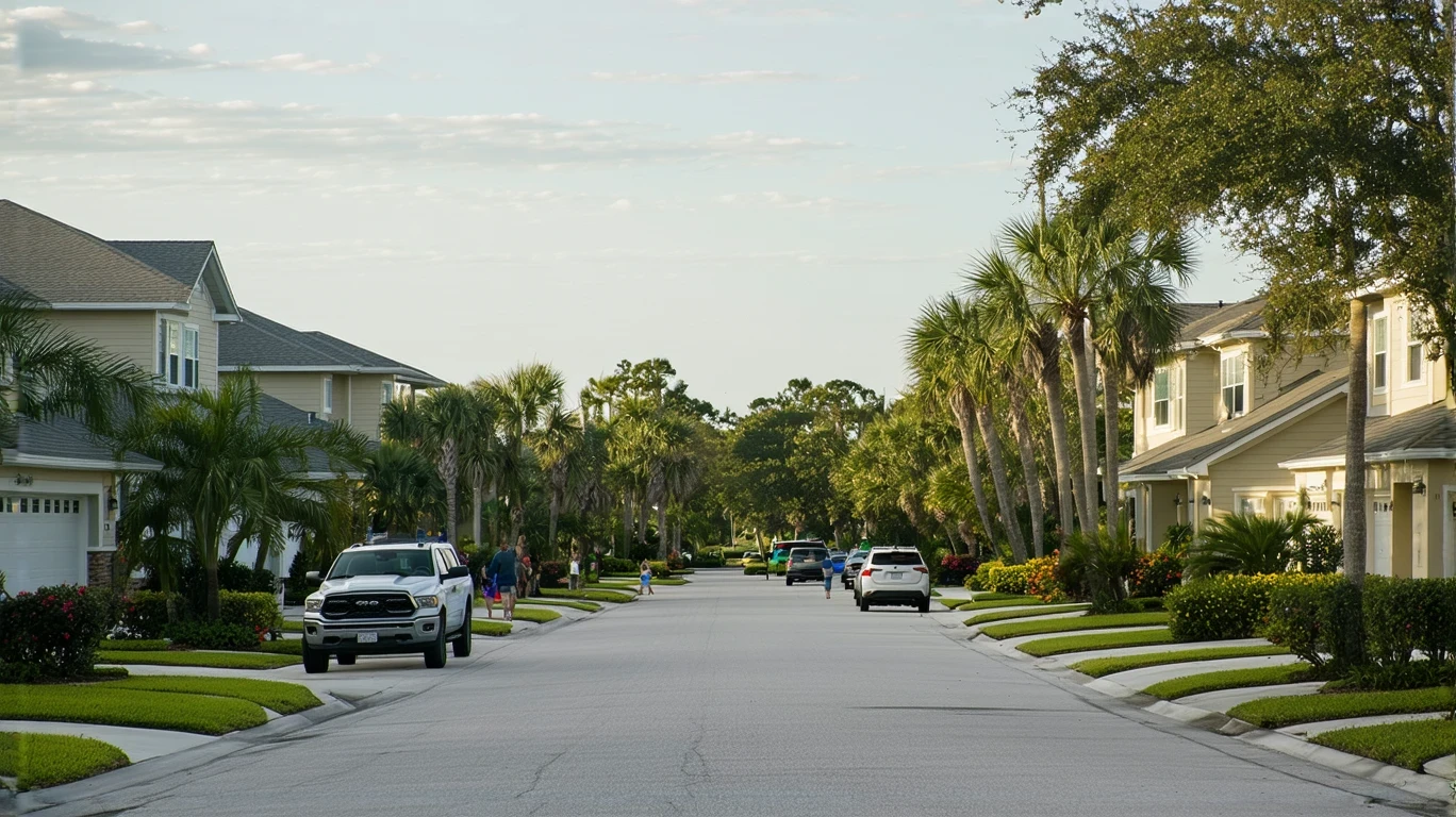 A sunny suburban street in Clearwater, Florida with stucco homes and tropical landscaping.