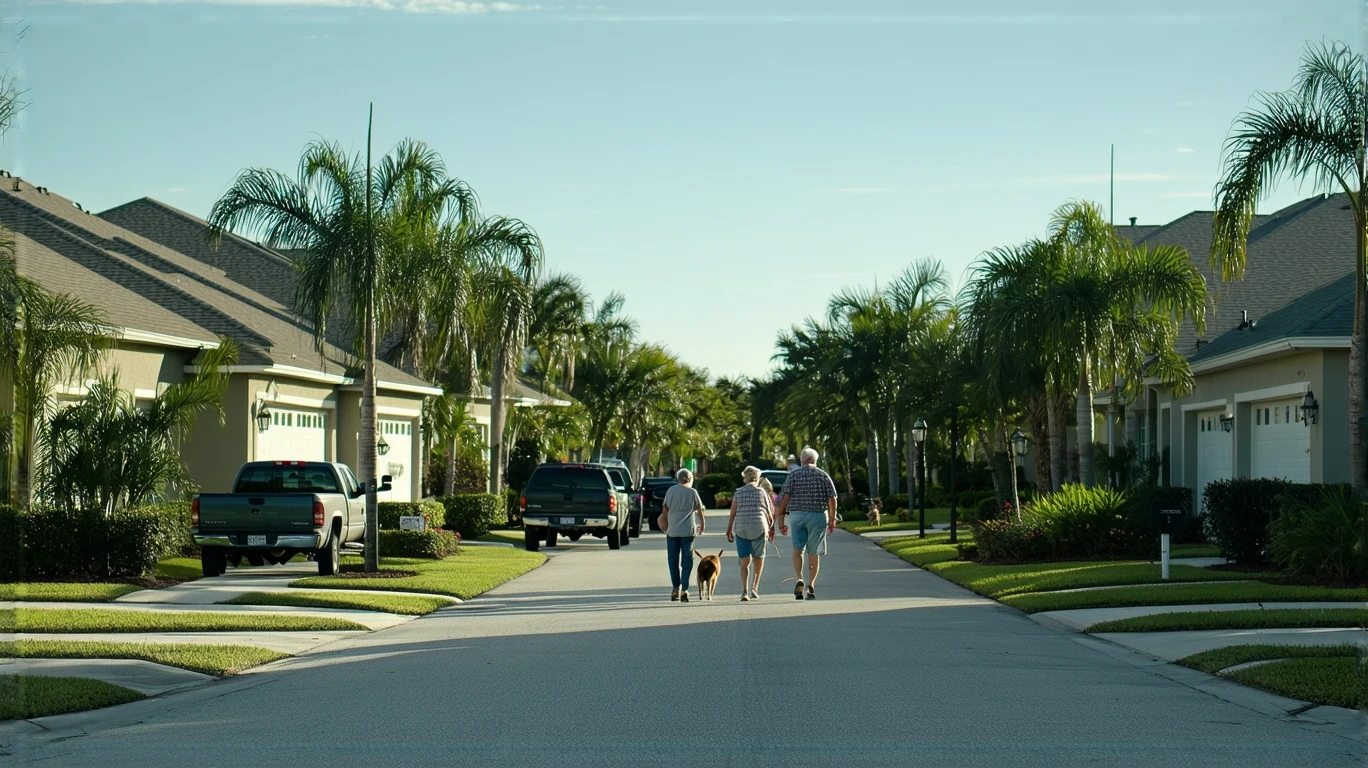 A sunny suburban street in Clermont, Florida with stucco homes, palm trees, and a retired couple walking their dog on the sidewalk.