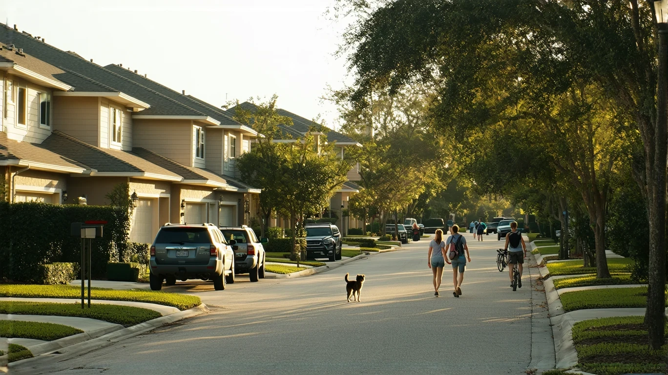 Couple walking dog on sidewalk in front of stucco homes in Altamonte Springs suburb