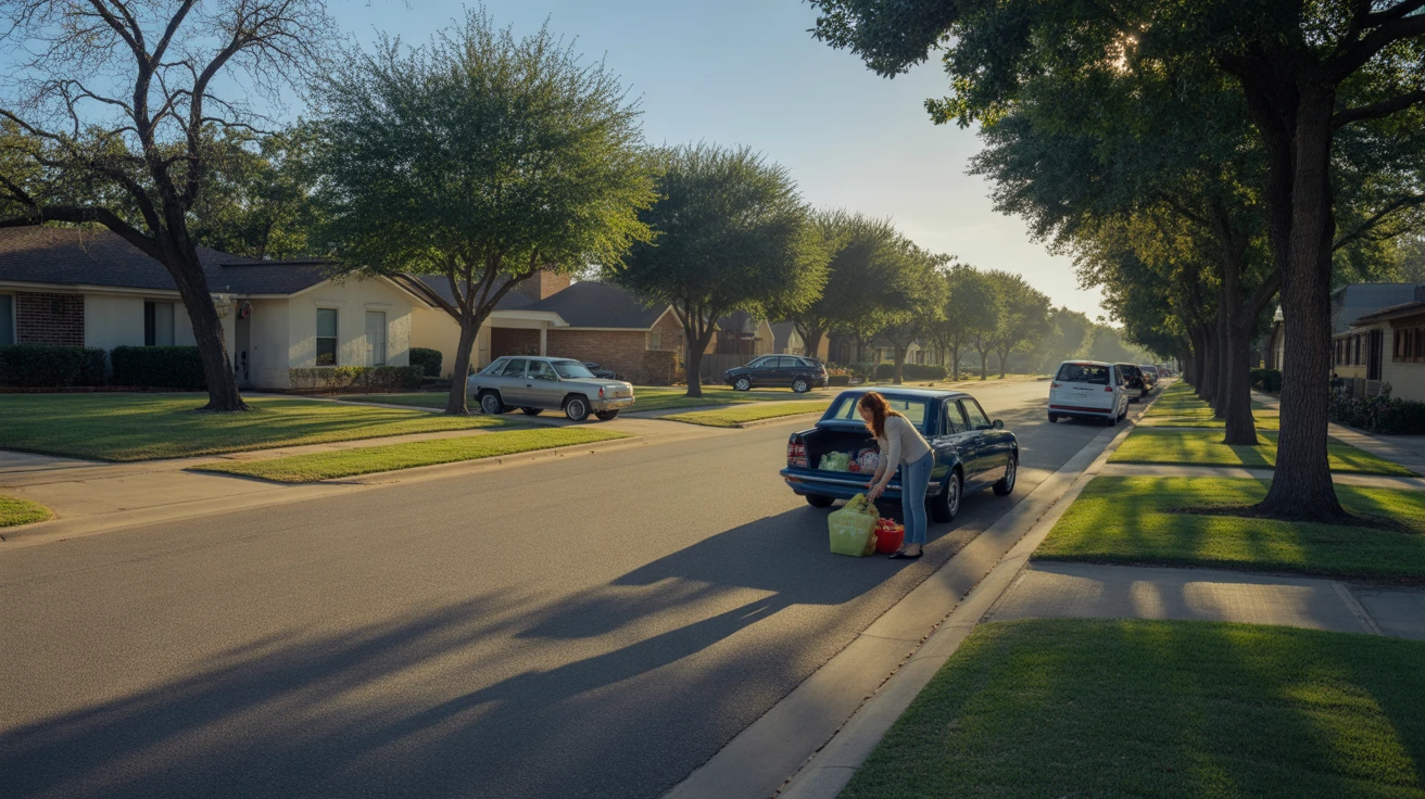 A quiet residential street in Plano, Texas with one-story homes, mature trees, and a woman unloading groceries.