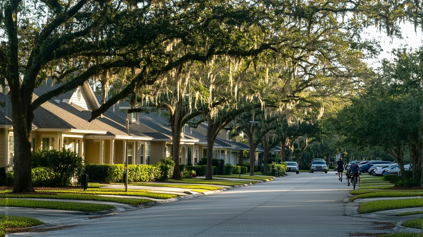 Quiet residential street in Oviedo, Florida at sunrise with one-story homes and trees