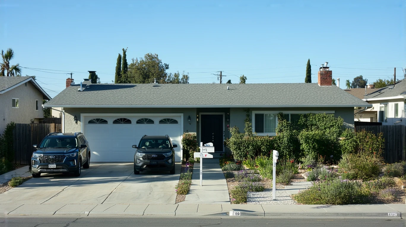 Modest Escondido home with neat yard, driveway, and residents going about daily tasks.