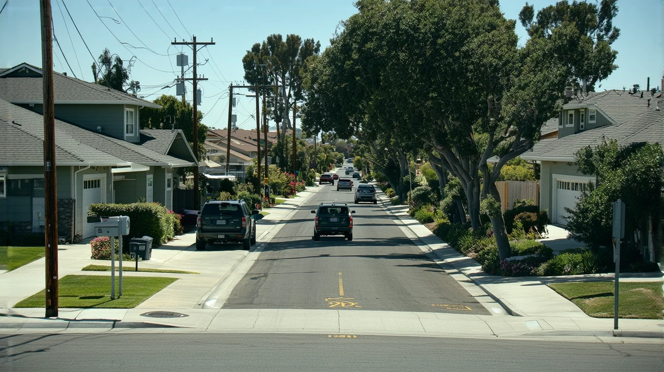 A sunny suburban street in Carlsbad, California lined with modern single-family homes and a few parked cars.