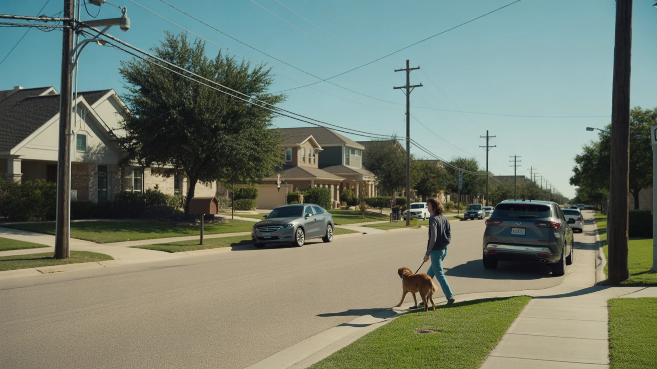 A person walking a dog on a sidewalk in a sunny residential neighborhood in Allen, Texas.