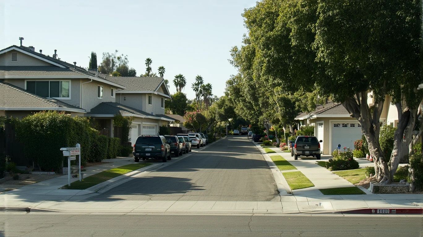 A sunny residential street in Lemon Grove, California lined with modest single-family homes and parked cars.