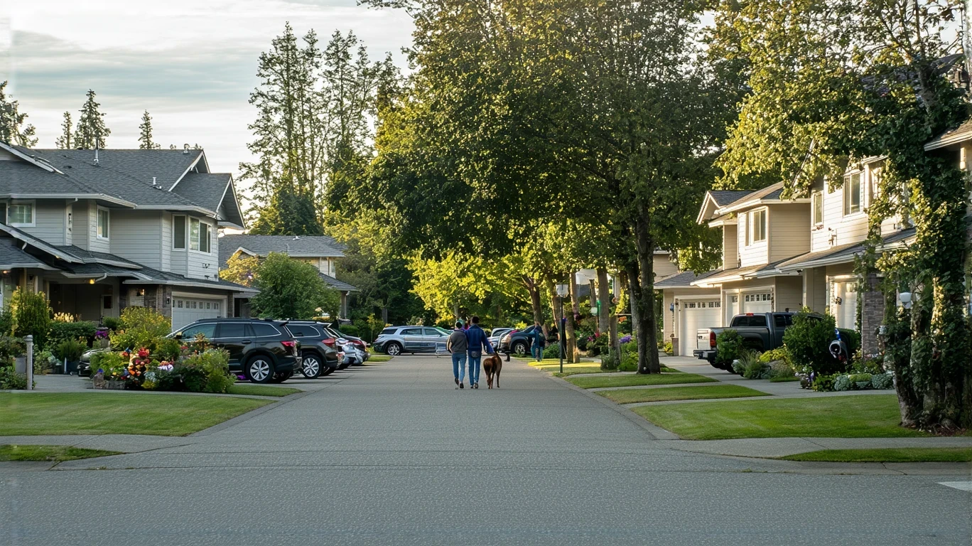 A young couple walking their dog on a sidewalk in a suburban neighborhood in Kent, Washington