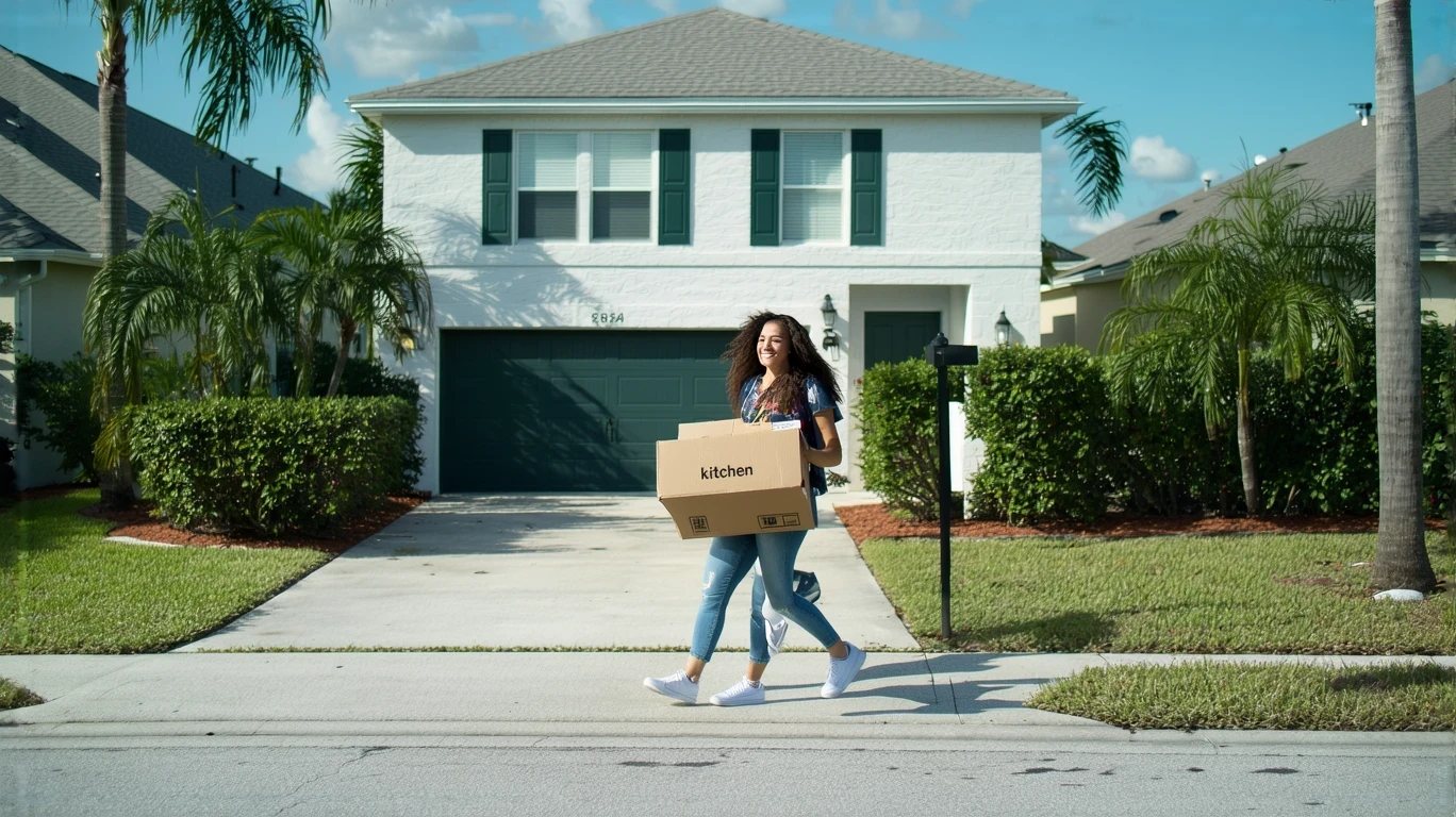 Woman carrying moving box up walkway to her new rental home in Maitland, Florida on a sunny day