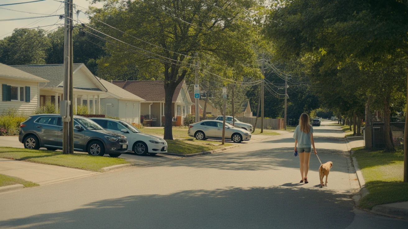 A quiet residential street in Spring Hill, Tennessee on a sunny summer day, with a few modest homes, parked cars, and a woman walking her dog on the sidewalk.