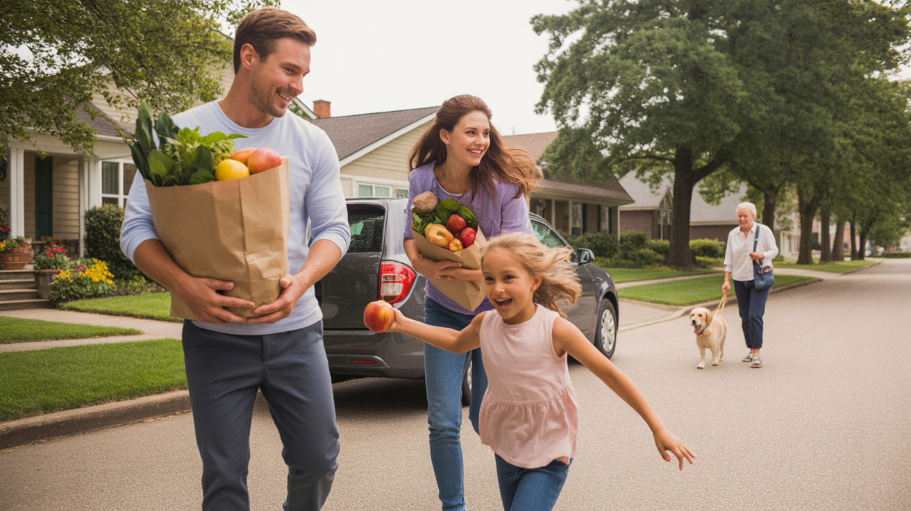 A young family carries groceries into their suburban home in Okolona, Kentucky on a sunny afternoon.