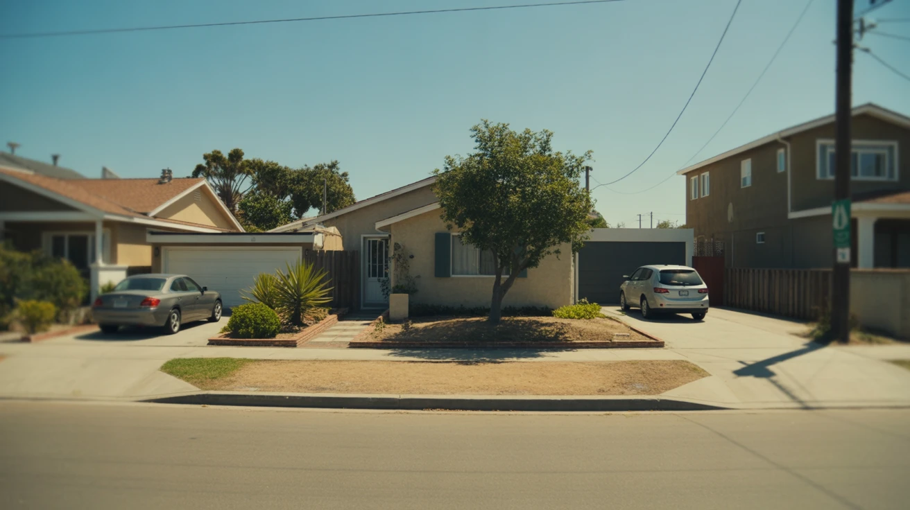 Exterior view of a modest single-family home in National City, California with a tidy front yard and driveway.