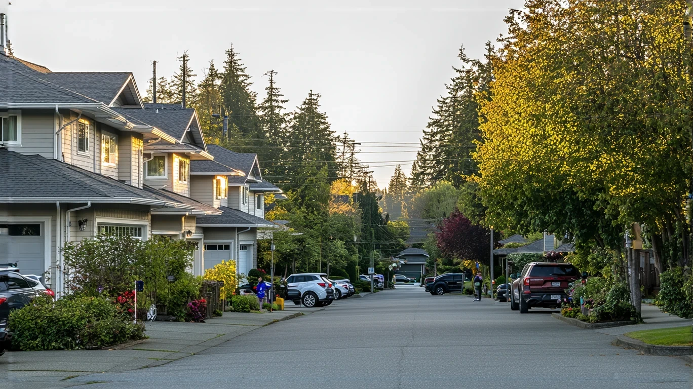 A tree-lined residential street in Edmonds, Washington with craftsman-style homes and a few people outside.