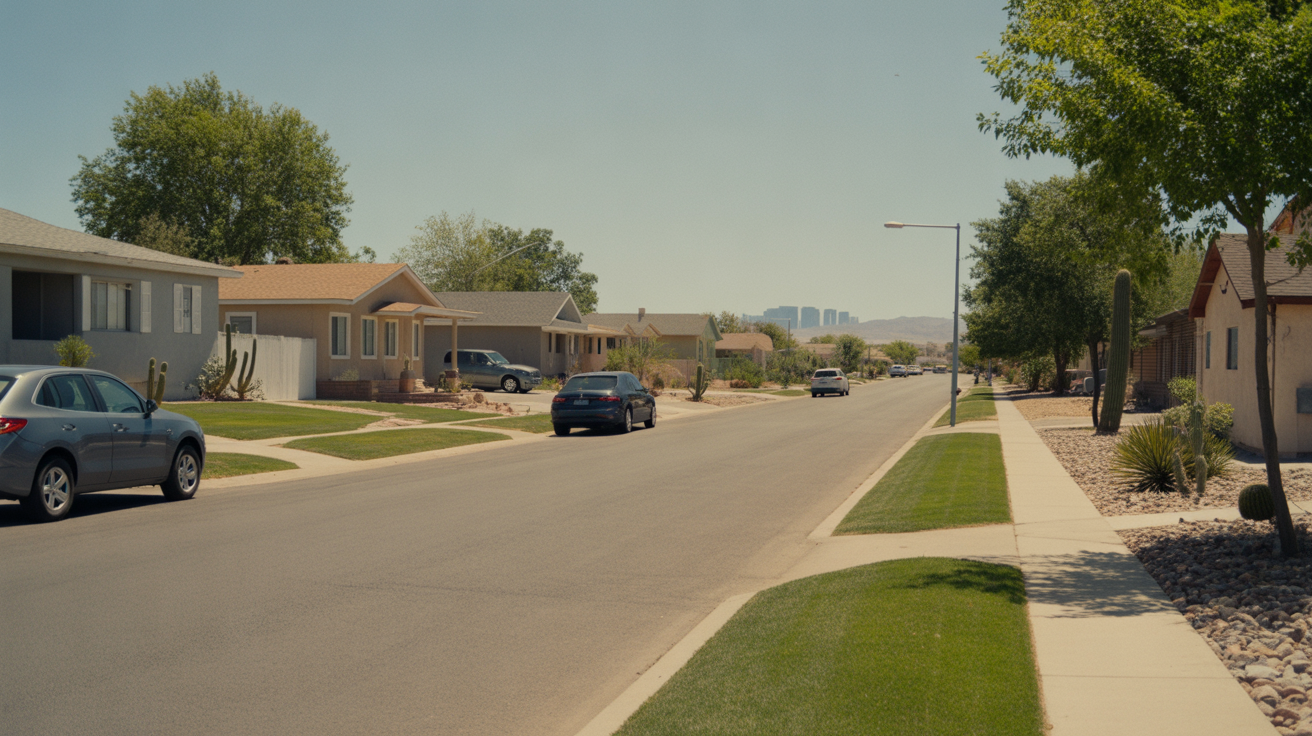 A quiet suburban street in Enterprise, NV lined with modest single-family homes and parked cars on a sunny day.