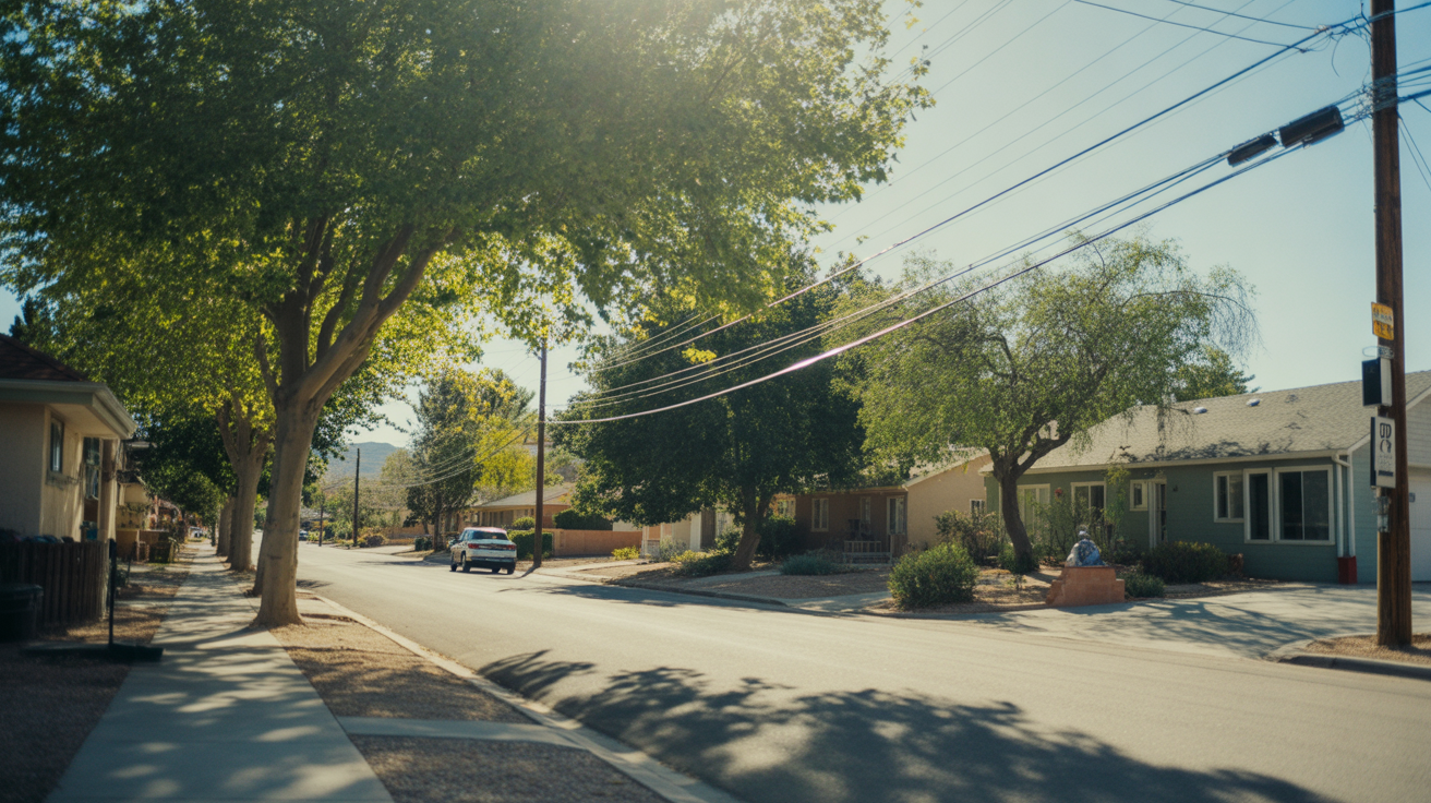 A sunlit residential street in Boulder City, Nevada with telephone wires stretching above