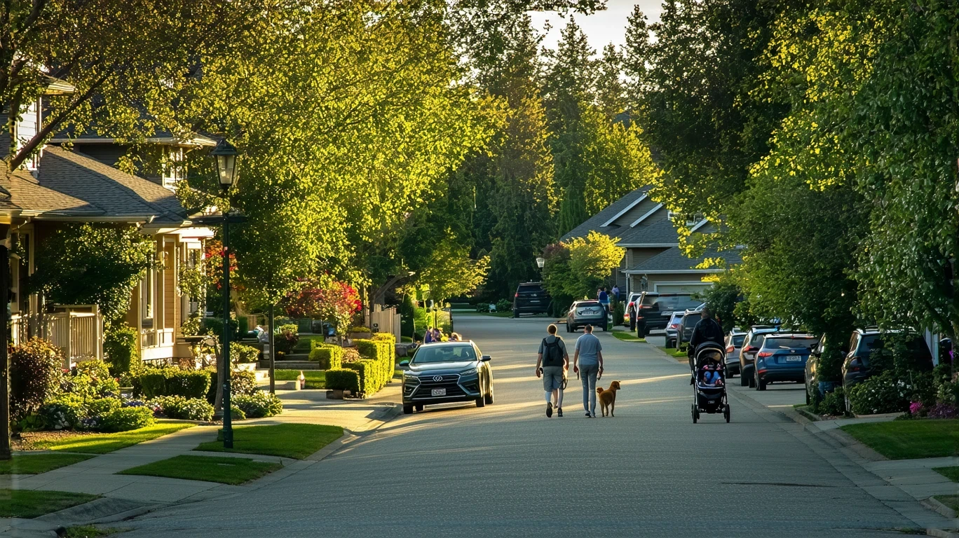 A young family walks their dog down a tree-lined residential street in Redmond, Washington on a sunny day.