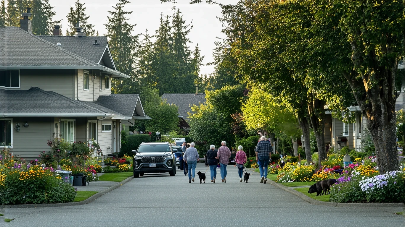 A residential street in Edmonds, WA with craftsman homes, a senior couple walking a dog, and a parked car in a driveway.