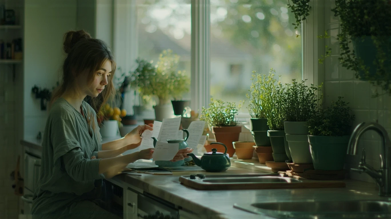 Young woman reviewing utility bills at her kitchen table in a Bothell apartment