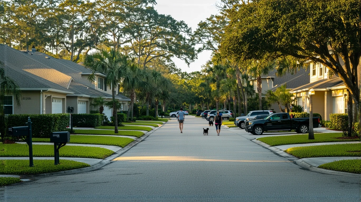 A suburban street in Ocoee, Florida with modest homes, parked cars, and a couple walking their dog on the sidewalk.