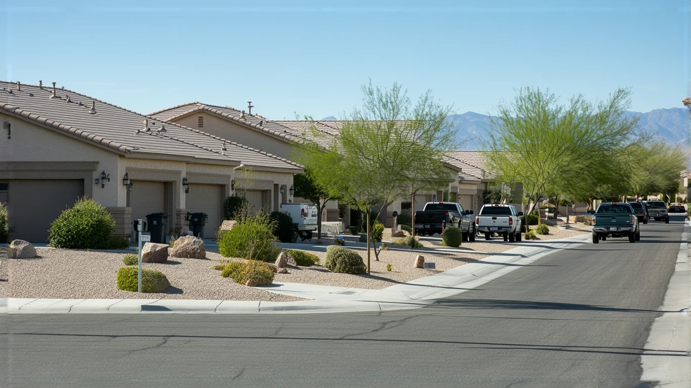 A suburban street in Blue Diamond, Nevada with modern desert-style houses and low-rise apartments, xeriscaped yards, a couple walking a dog, and a small park.