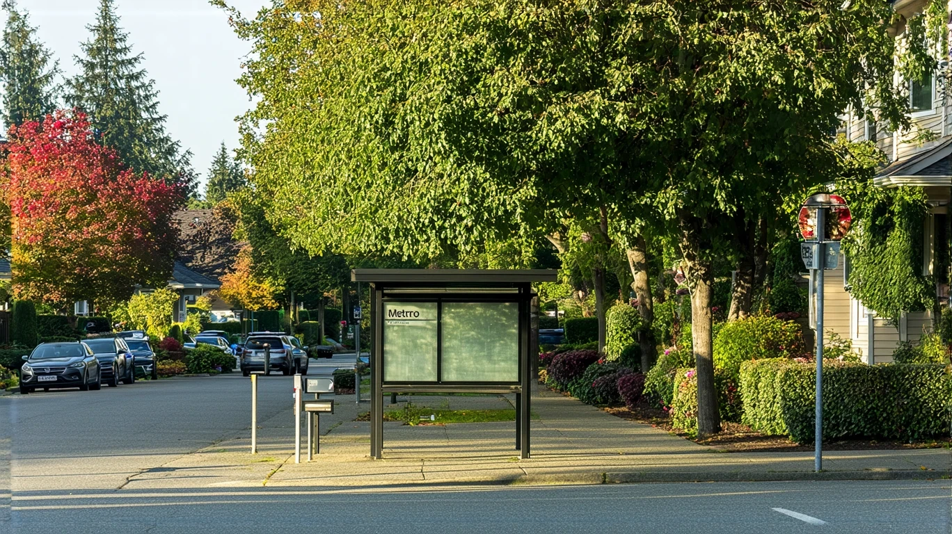 A tidy bus stop shelter on a quiet residential street in Sammamish, Washington surrounded by craftsman-style homes and lush landscaping.