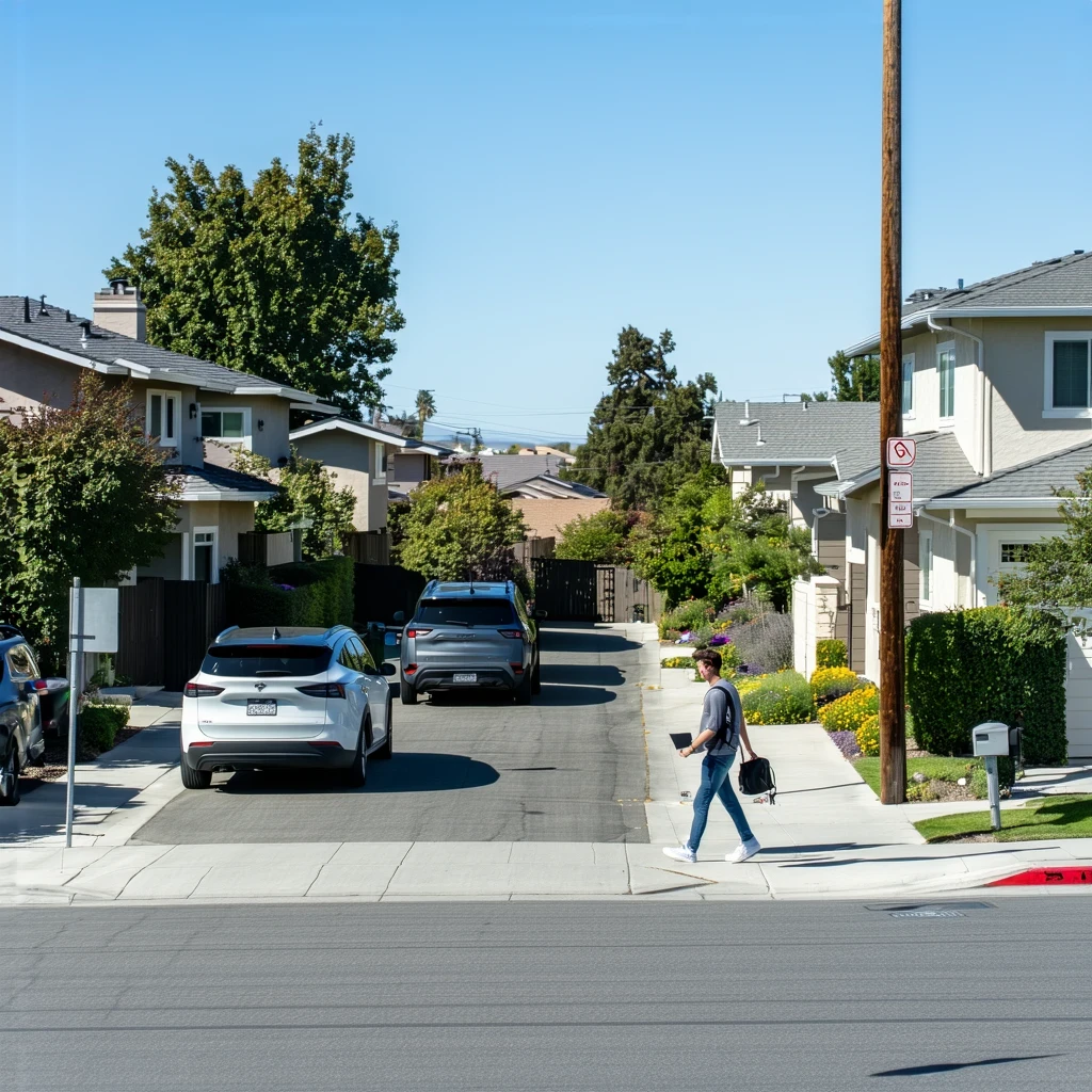 A person walks down a sidewalk past single family homes and a parked electric car on a residential street in La Mesa, California.