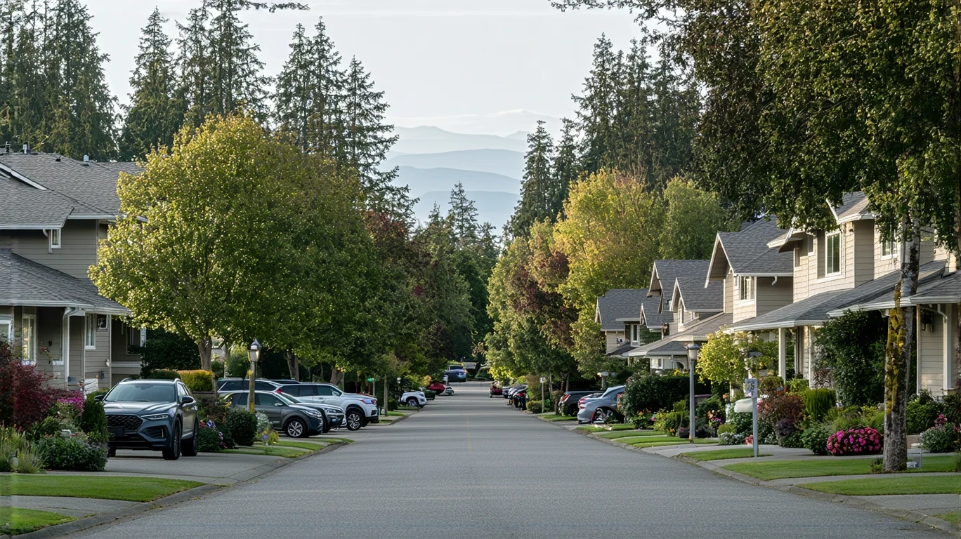 A suburban street in Auburn, Washington lined with craftsman-style homes and parked cars on a partly cloudy day.