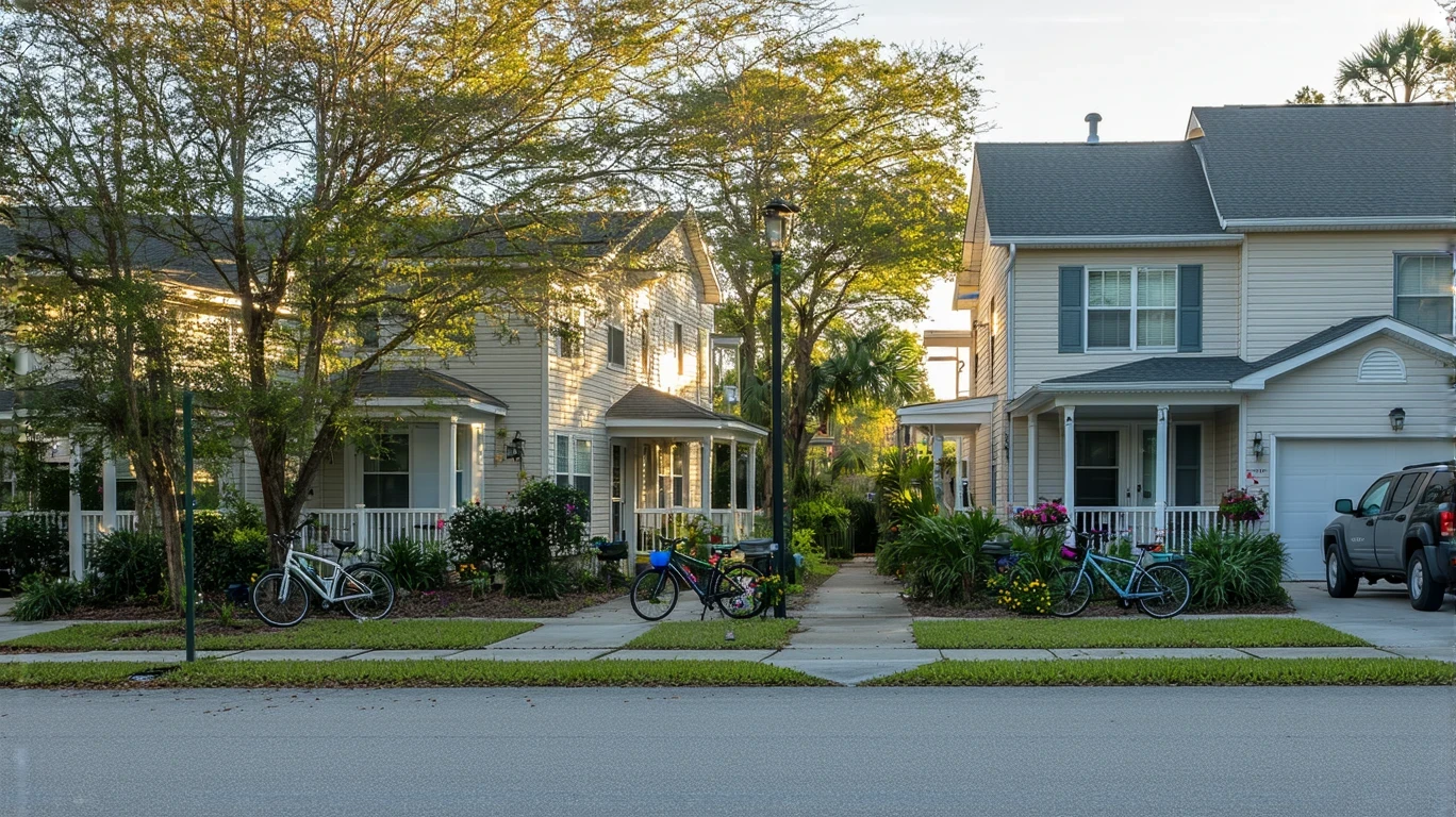 Exterior view of a small apartment building in Lutz, Florida with potted plants and bicycles