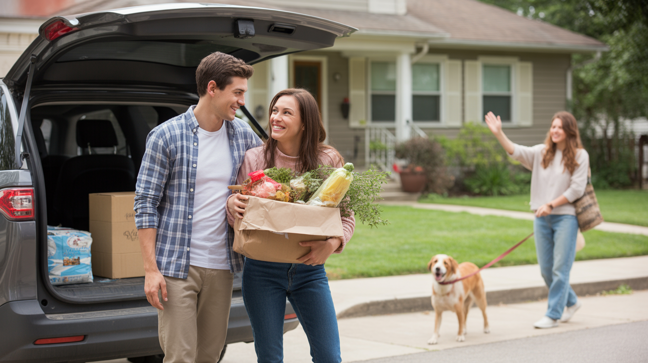 A couple unloading groceries in the driveway of their Cicero IL home, waving to a neighbor walking their dog.