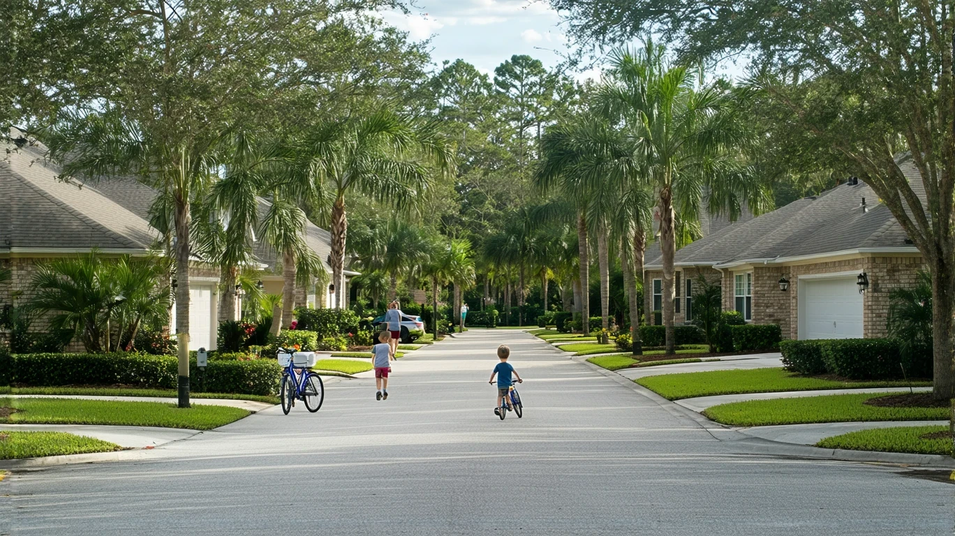 A suburban street in Apopka, Florida lined with modest single-family homes and tropical landscaping. A boy rides a bike on the sidewalk.