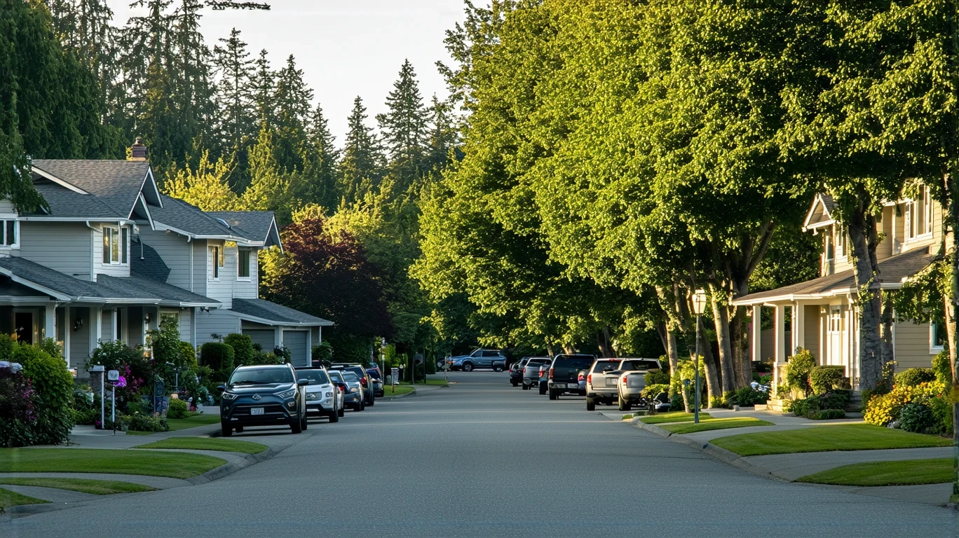 A peaceful residential street in Kent, Washington with craftsman-style homes and lush landscaping