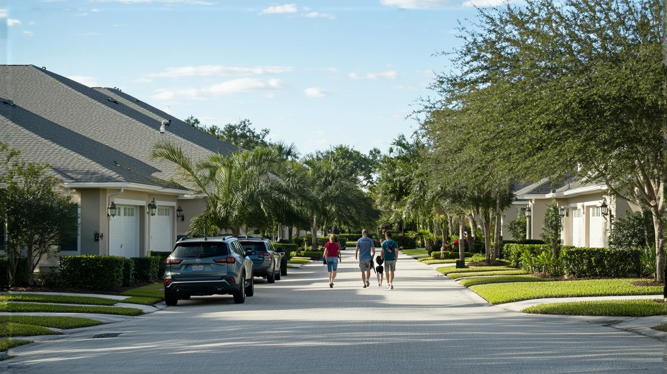 A man and woman walk their dog down a quiet suburban street lined with stucco homes and palm trees in Apopka, Florida.