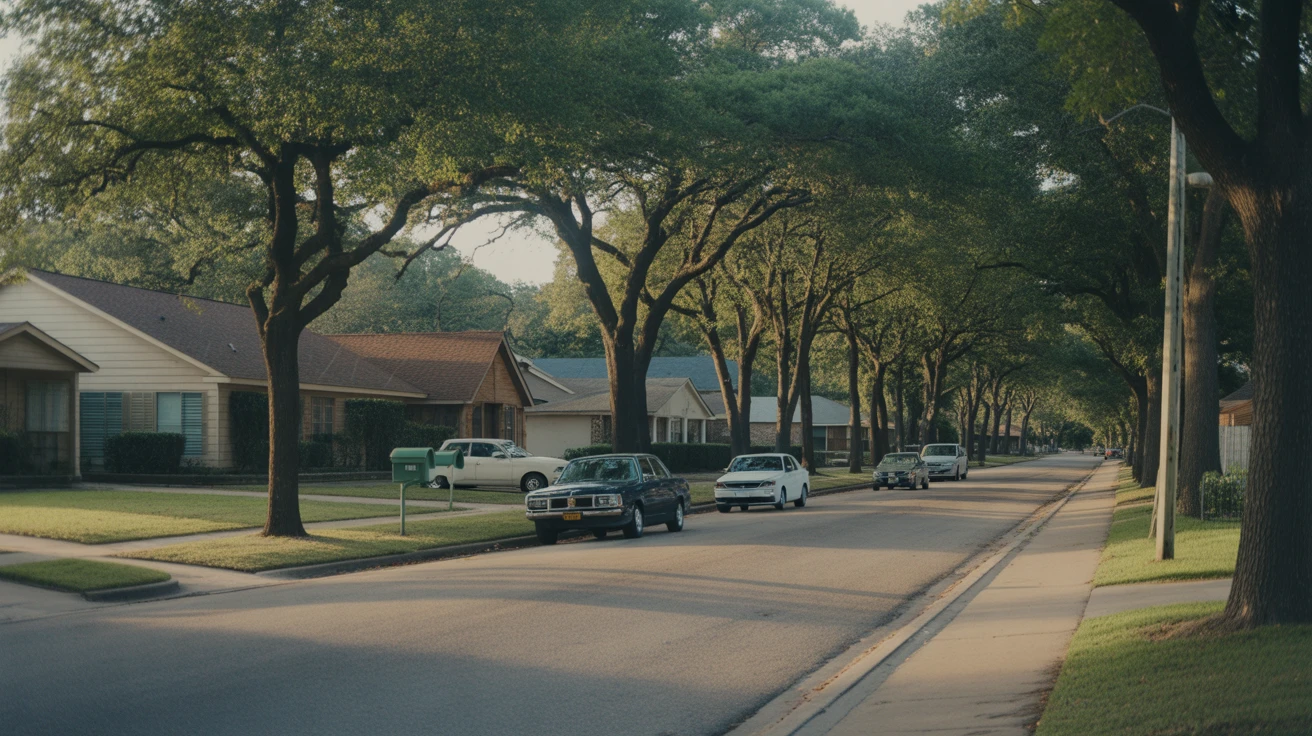 A tranquil suburban street in Cypress, Texas in the early morning light