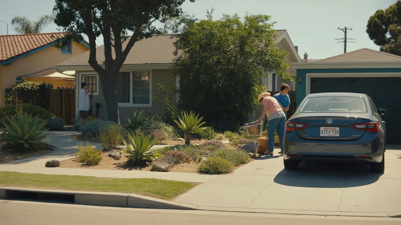 Modest single-family home in San Diego with drought-tolerant landscaping and resident unloading groceries from car in driveway.