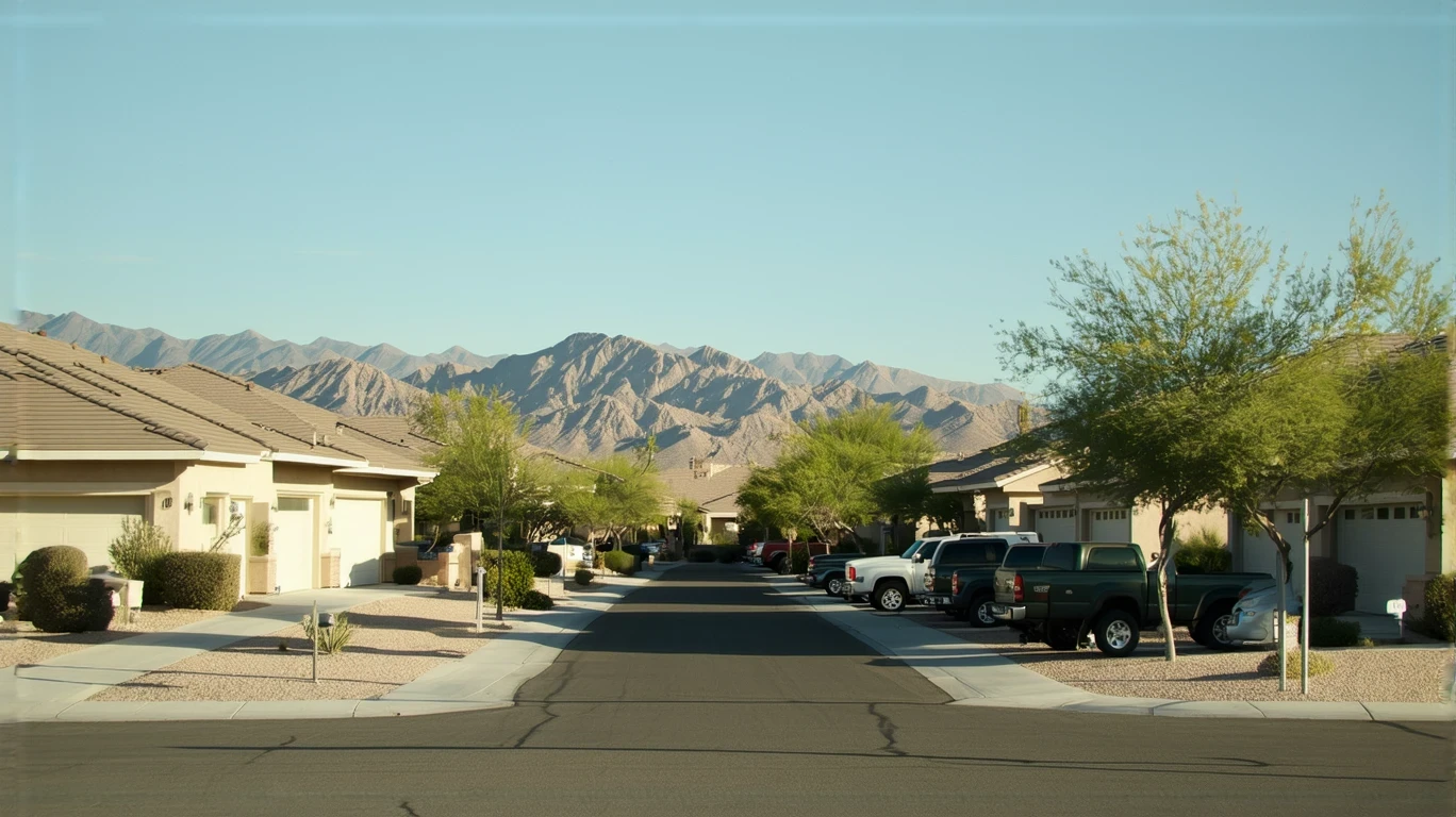 A sunny residential street in Blue Diamond, Nevada with modest stucco homes, pickup trucks, and desert landscaping.